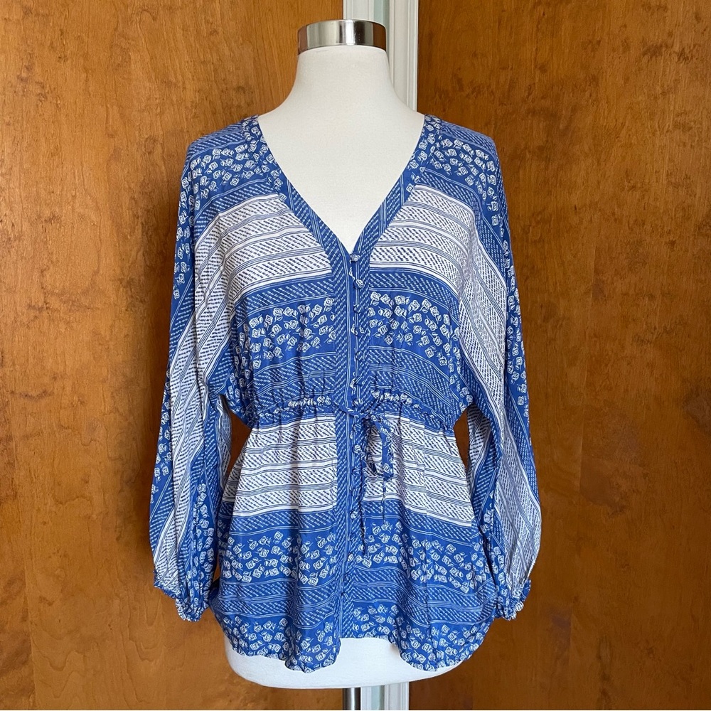 Edme & Esyllte Blue Floral Pattern Peplum Blouse Anthropologie 8